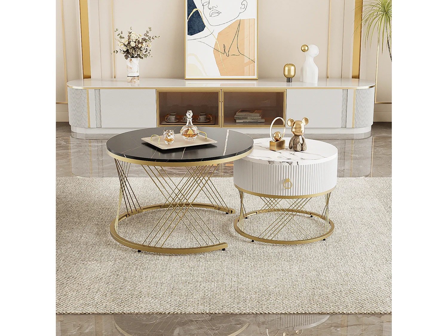 Table basse empilable 2 pièces, design moderne, plateau en marbre, accents dorés, avec tiroirs de rangement (70x70x45 + 50x50x40 cm)