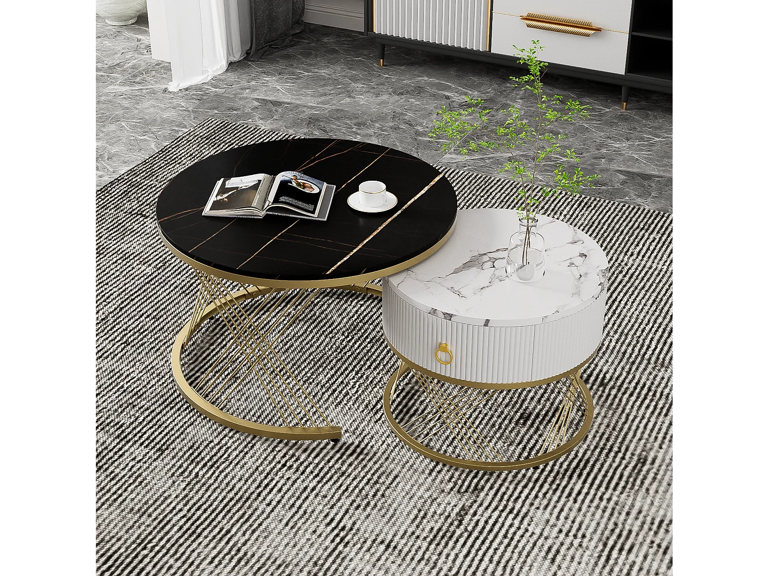Table basse empilable 2 pièces, design moderne, plateau en marbre, accents dorés, avec tiroirs de rangement (70x70x45 + 50x50x40 cm)