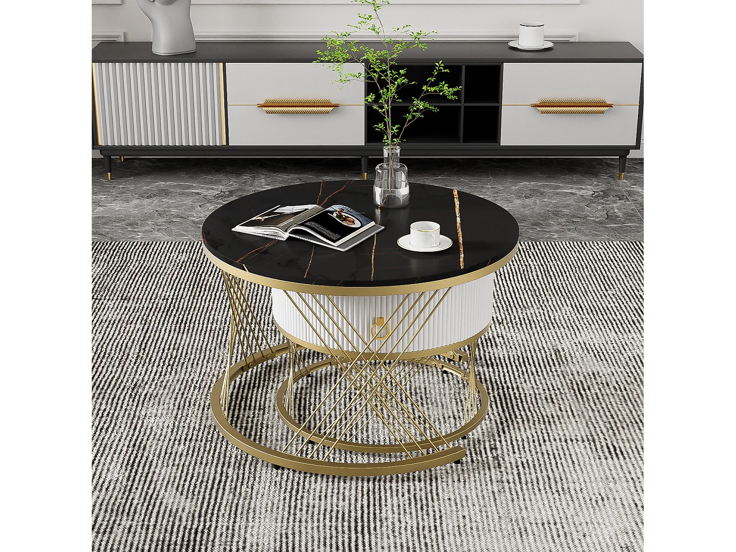 Table basse empilable 2 pièces, design moderne, plateau en marbre, accents dorés, avec tiroirs de rangement (70x70x45 + 50x50x40 cm)