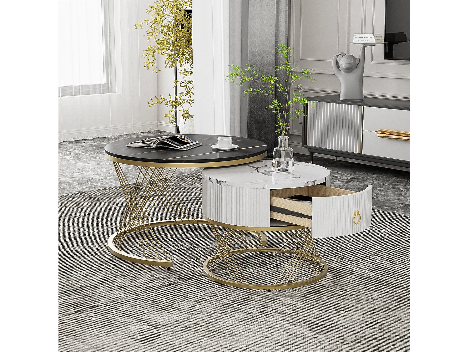 Table basse empilable 2 pièces, design moderne, plateau en marbre, accents dorés, avec tiroirs de rangement (70x70x45 + 50x50x40 cm)