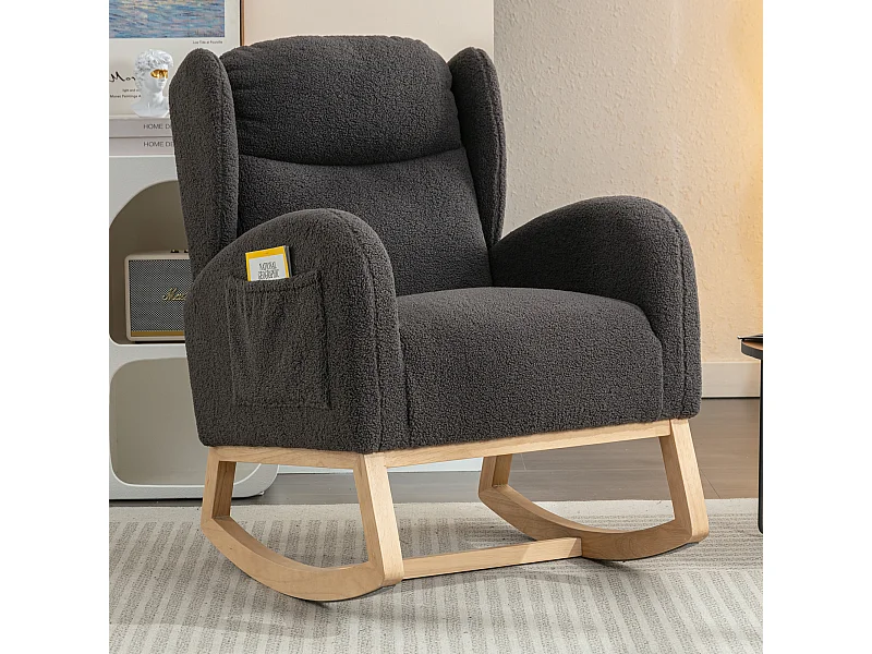 Schommelstoel van pluche stof, modern design, houten frame, donkergrijs (96,5x71x101 cm)