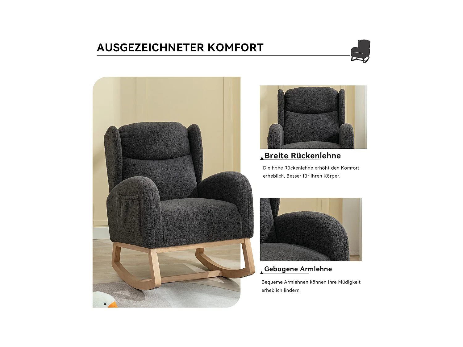 Schommelstoel van pluche stof, modern design, houten frame, donkergrijs (96,5x71x101 cm)