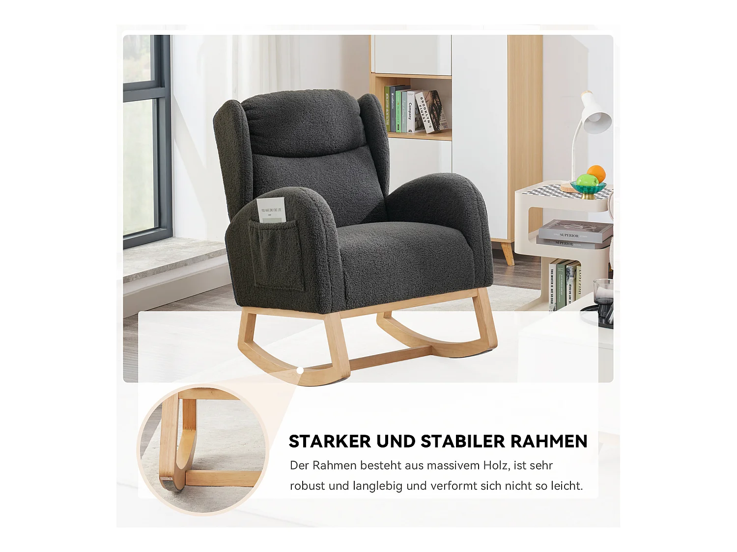 Schommelstoel van pluche stof, modern design, houten frame, donkergrijs (96,5x71x101 cm)