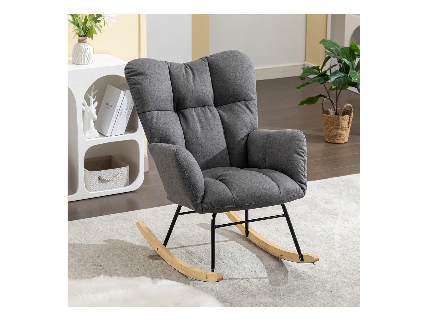 Moderne gestoffeerde schommelstoel, linnen stof, met uitschuifbare voetensteun, grijs (80x70x95 cm)