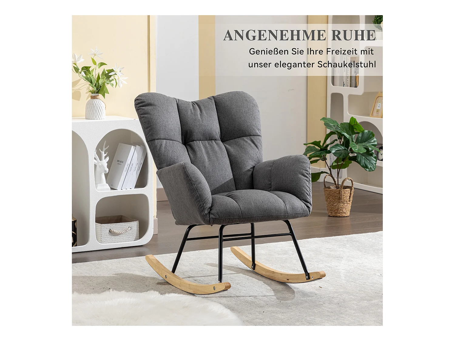 Moderne gestoffeerde schommelstoel, linnen stof, met uitschuifbare voetensteun, grijs (80x70x95 cm)