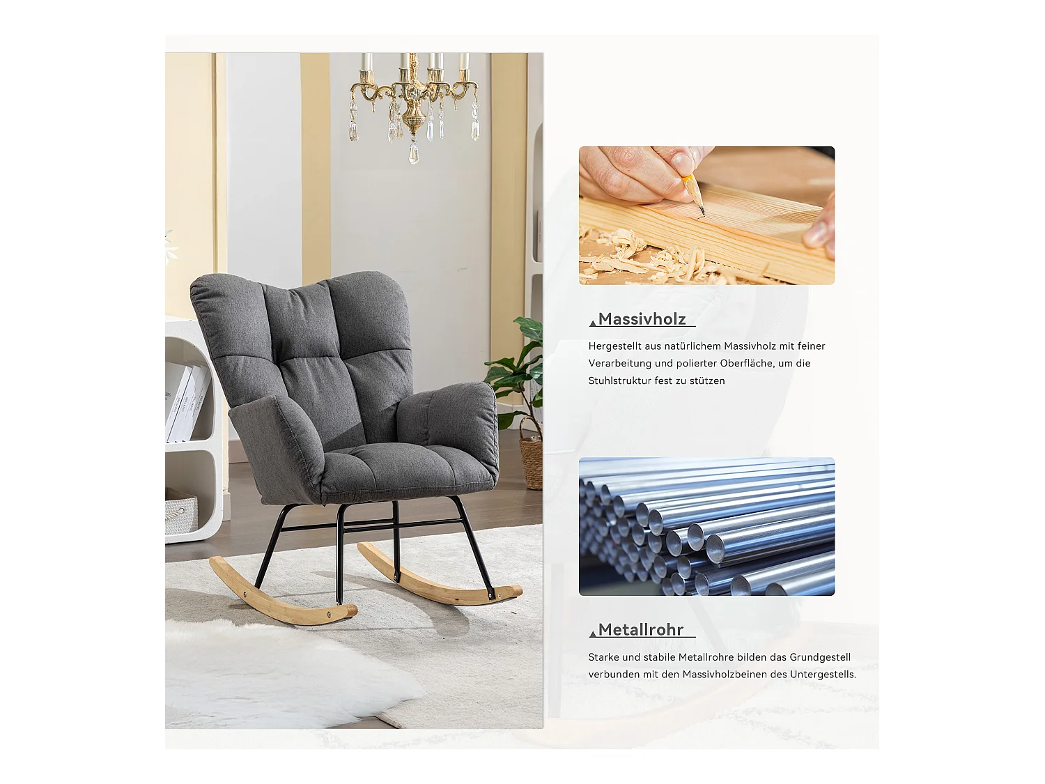 Moderne gestoffeerde schommelstoel, linnen stof, met uitschuifbare voetensteun, grijs (80x70x95 cm)