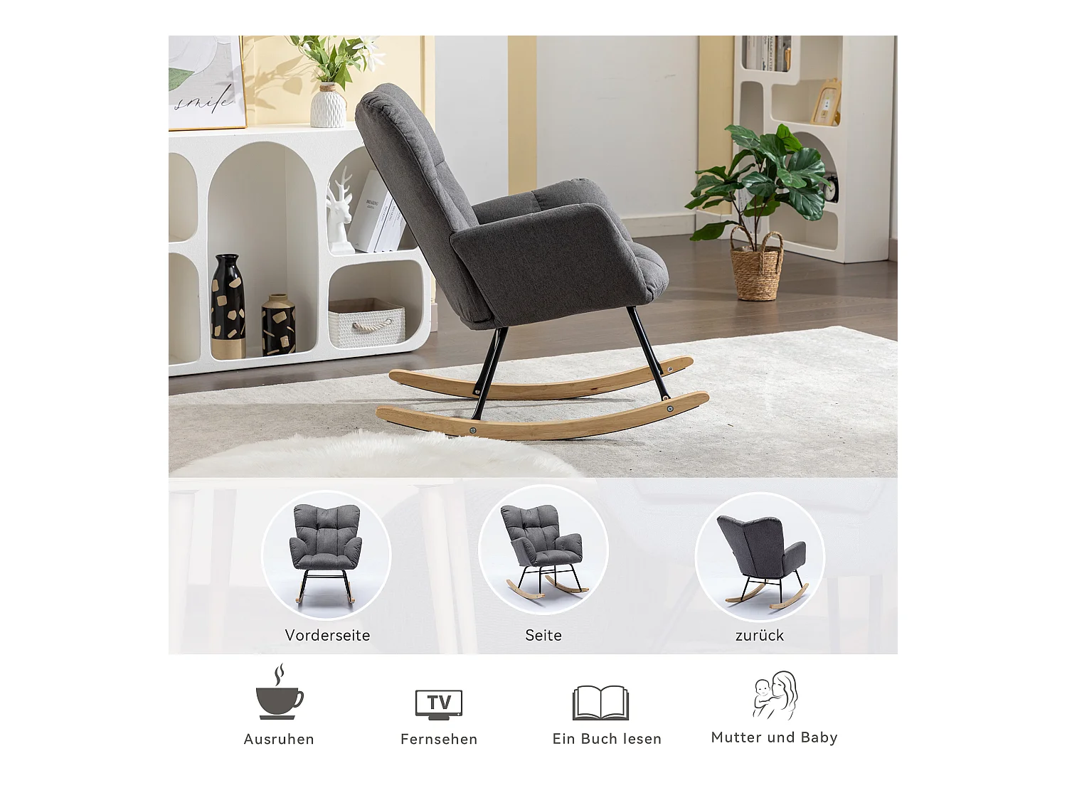 Moderne gestoffeerde schommelstoel, linnen stof, met uitschuifbare voetensteun, grijs (80x70x95 cm)