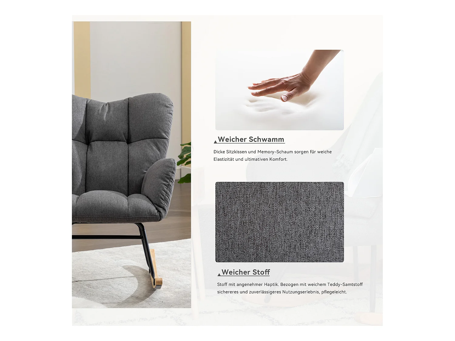 Moderne gestoffeerde schommelstoel, linnen stof, met uitschuifbare voetensteun, grijs (80x70x95 cm)