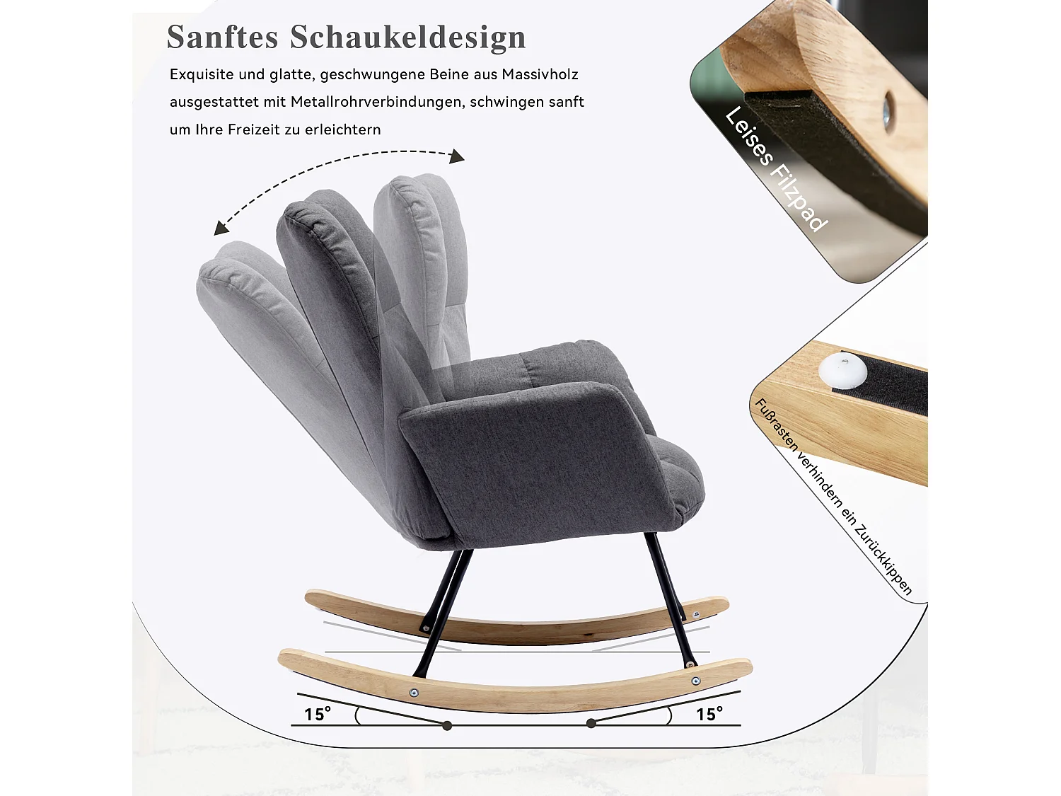 Moderne gestoffeerde schommelstoel, linnen stof, met uitschuifbare voetensteun, grijs (80x70x95 cm)