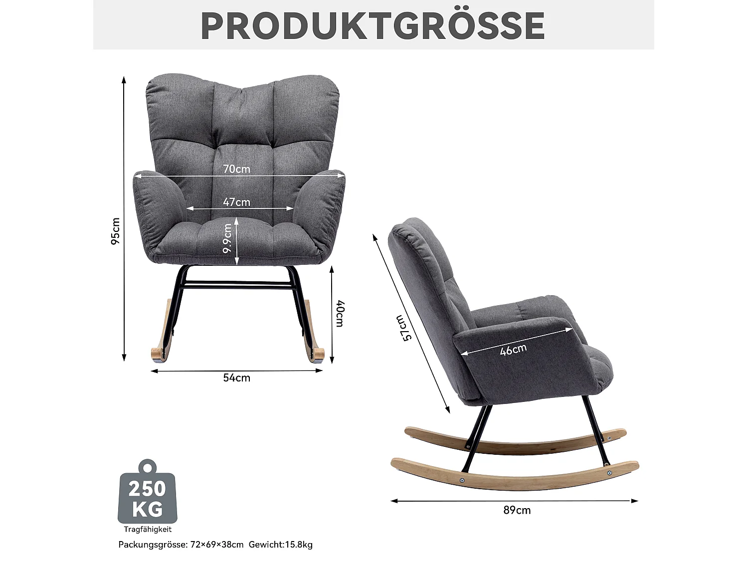 Moderne gestoffeerde schommelstoel, linnen stof, met uitschuifbare voetensteun, grijs (80x70x95 cm)
