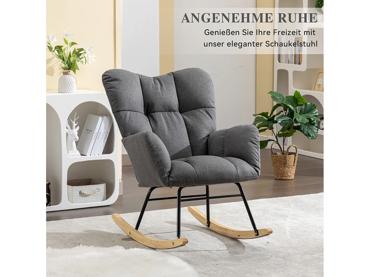 Moderne gestoffeerde schommelstoel, linnen stof, met uitschuifbare voetensteun, grijs (80x70x95 cm)