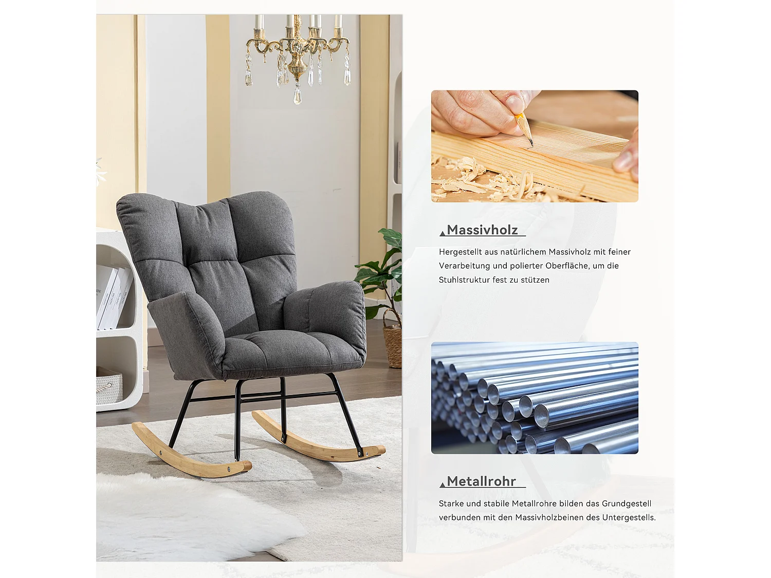 Moderne gestoffeerde schommelstoel, linnen stof, met uitschuifbare voetensteun, grijs (80x70x95 cm)