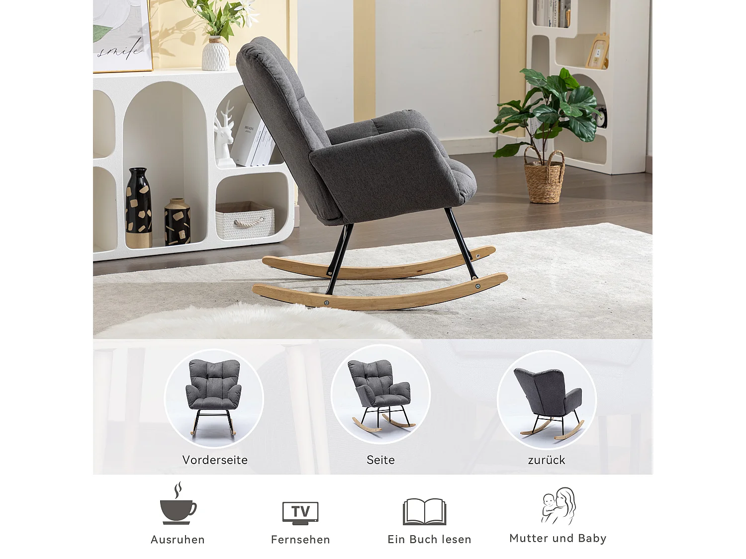 Moderne gestoffeerde schommelstoel, linnen stof, met uitschuifbare voetensteun, grijs (80x70x95 cm)