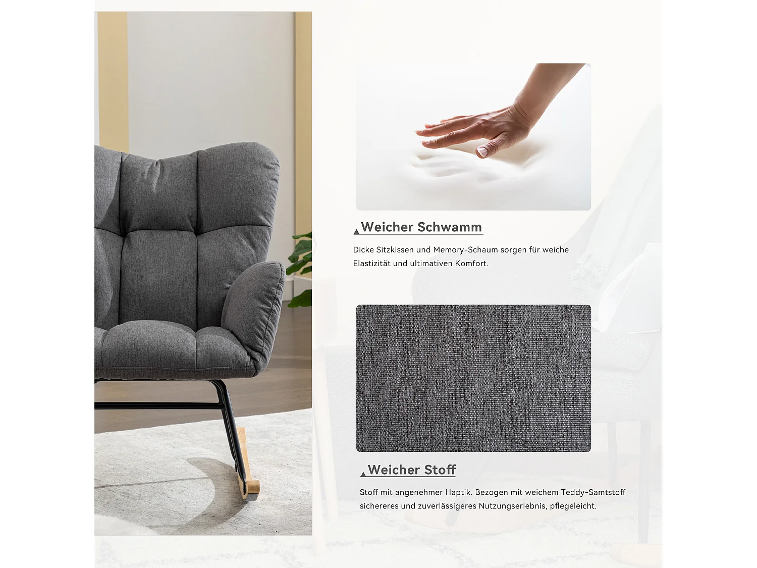 Moderne gestoffeerde schommelstoel, linnen stof, met uitschuifbare voetensteun, grijs (80x70x95 cm)