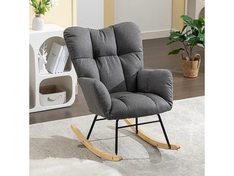 Chaise Berçante Moderne Rembourrée, Tissu Lin, avec Repose-Pieds Escamotable, Gris (80x70x95 cm)