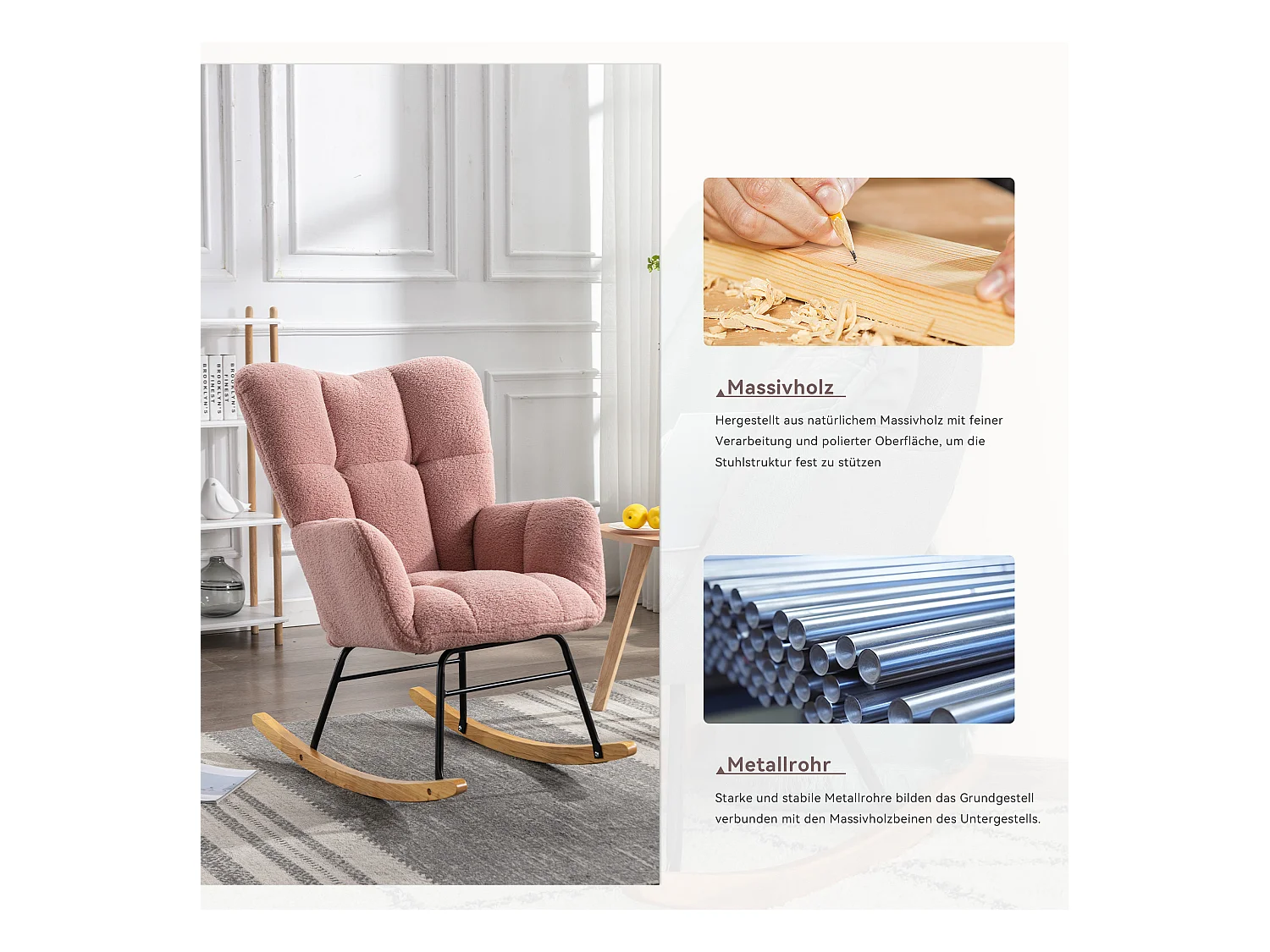 Chaise à bascule moderne Mid-Century, tissu Tissu peluche, capitonné, bois et métal, rose (80x70x95 cm)