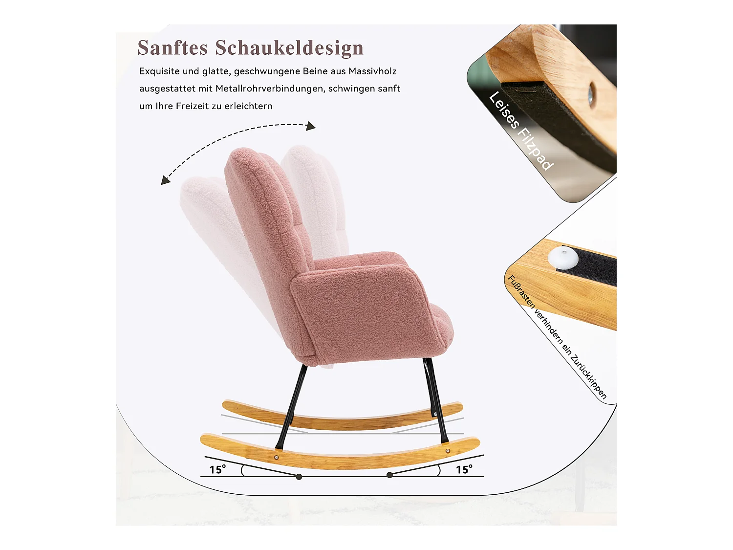 Chaise à bascule moderne Mid-Century, tissu Tissu peluche, capitonné, bois et métal, rose (80x70x95 cm)