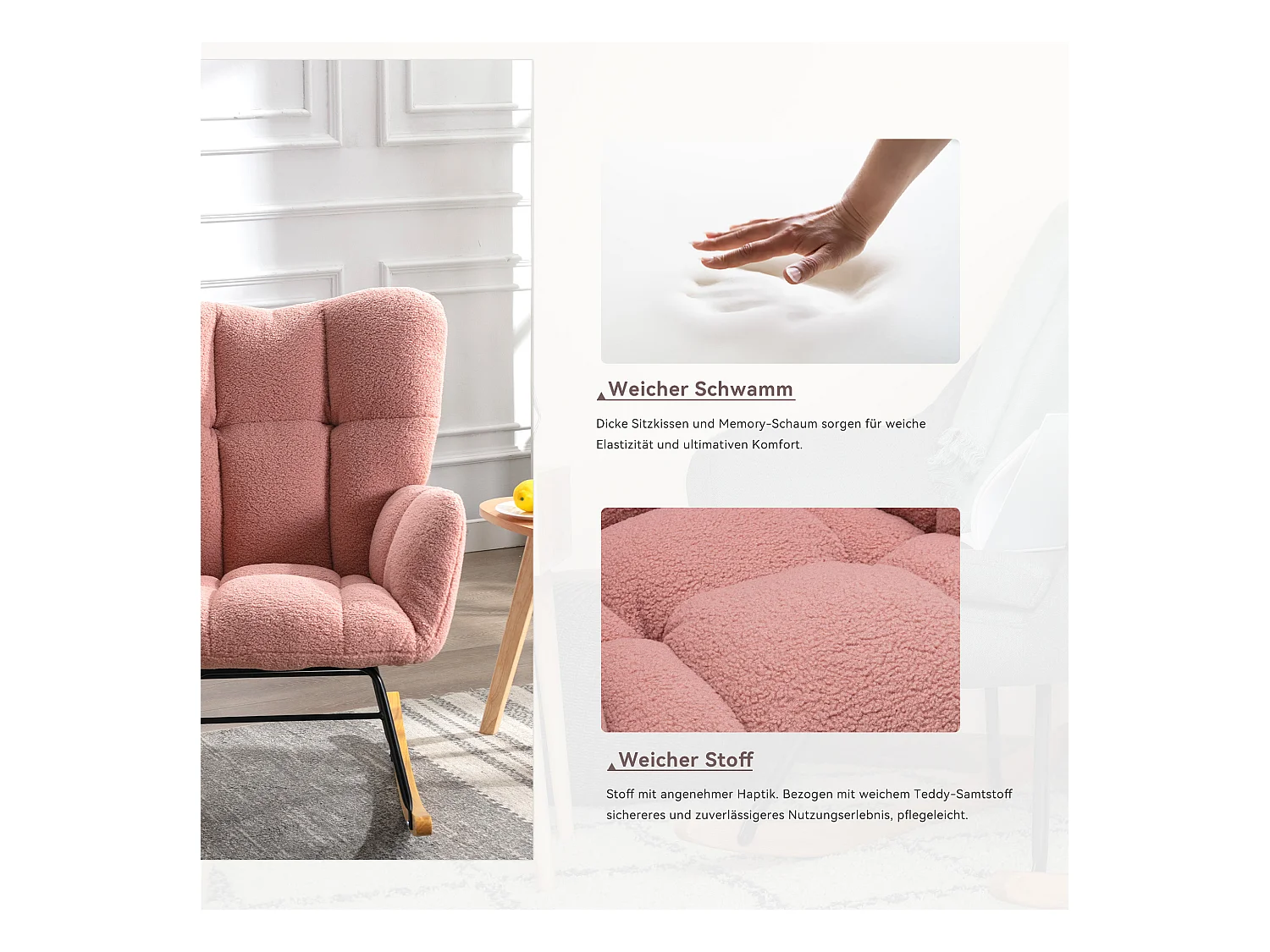 Chaise à bascule moderne Mid-Century, tissu Tissu peluche, capitonné, bois et métal, rose (80x70x95 cm)