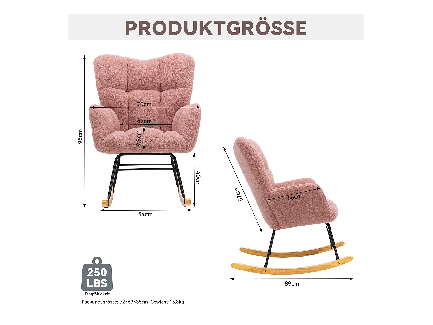 Chaise à bascule moderne Mid-Century, tissu Tissu peluche, capitonné, bois et métal, rose (80x70x95 cm)