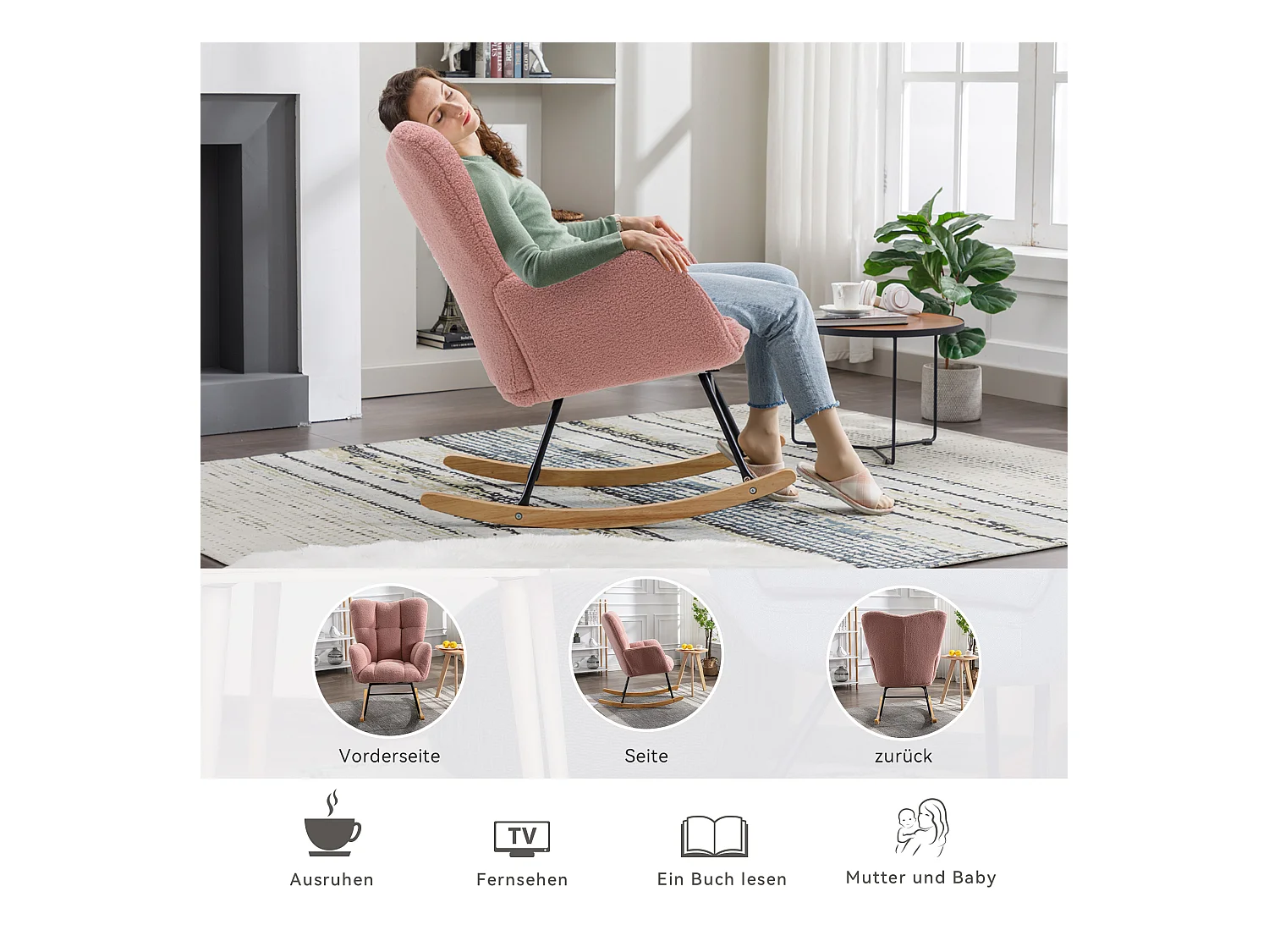 Chaise à bascule moderne Mid-Century, tissu Tissu peluche, capitonné, bois et métal, rose (80x70x95 cm)