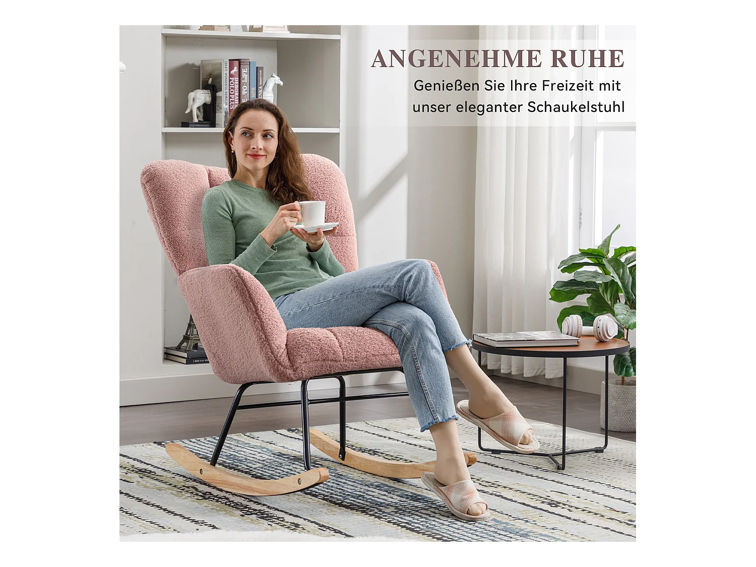 Chaise à bascule moderne Mid-Century, tissu Tissu peluche, capitonné, bois et métal, rose (80x70x95 cm)