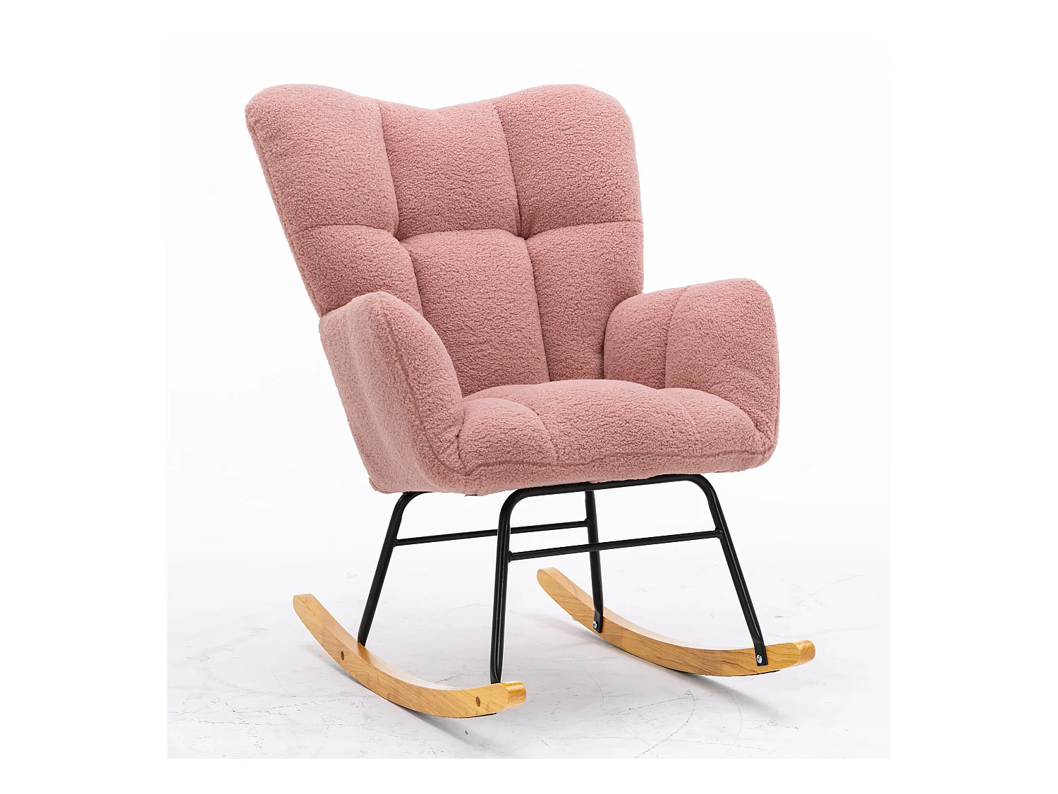 Chaise à bascule moderne Mid-Century, tissu Tissu peluche, capitonné, bois et métal, rose (80x70x95 cm)