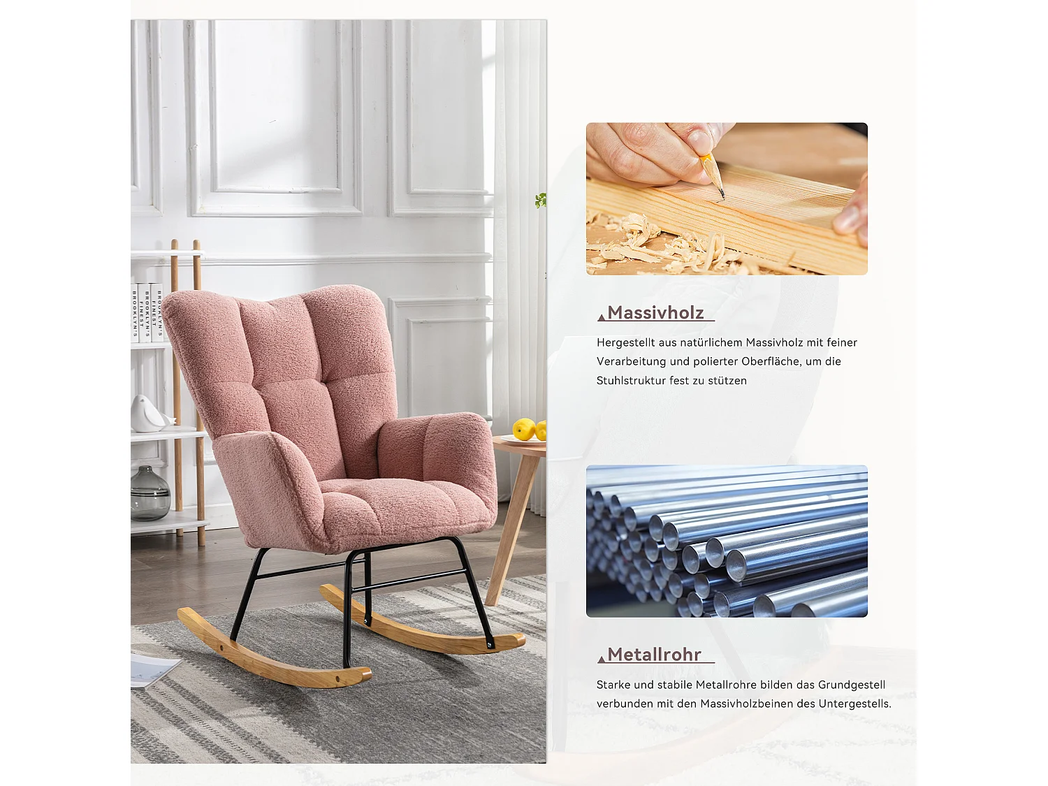 Chaise à bascule moderne Mid-Century, tissu Tissu peluche, capitonné, bois et métal, rose (80x70x95 cm)