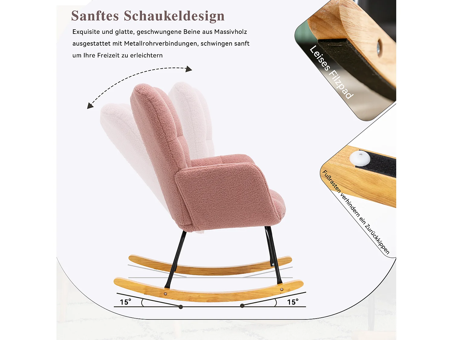 Chaise à bascule moderne Mid-Century, tissu Tissu peluche, capitonné, bois et métal, rose (80x70x95 cm)