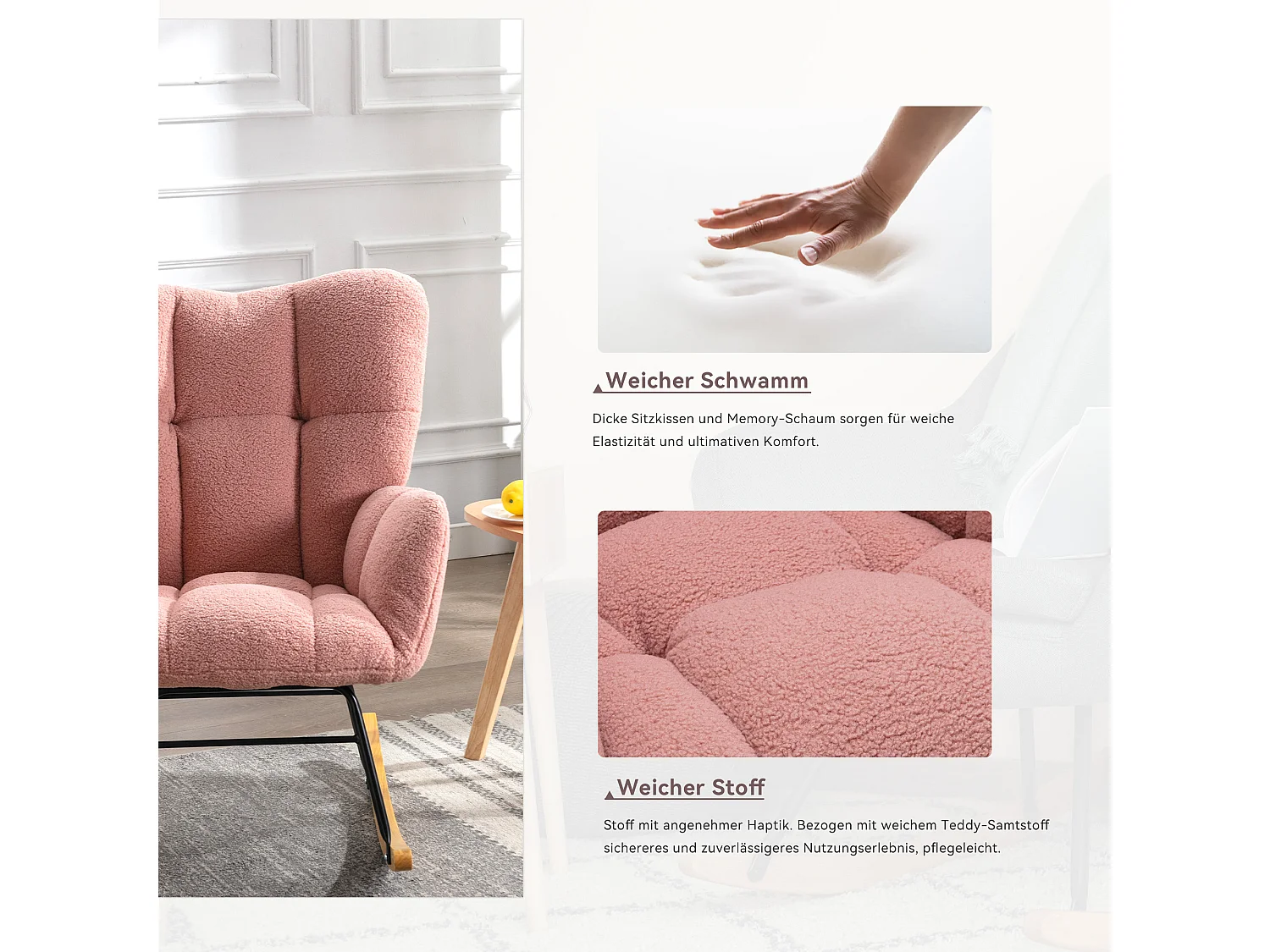 Chaise à bascule moderne Mid-Century, tissu Tissu peluche, capitonné, bois et métal, rose (80x70x95 cm)