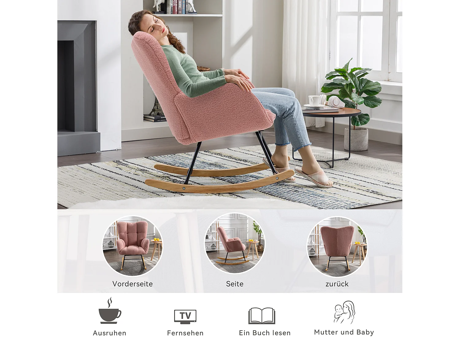 Chaise à bascule moderne Mid-Century, tissu Tissu peluche, capitonné, bois et métal, rose (80x70x95 cm)