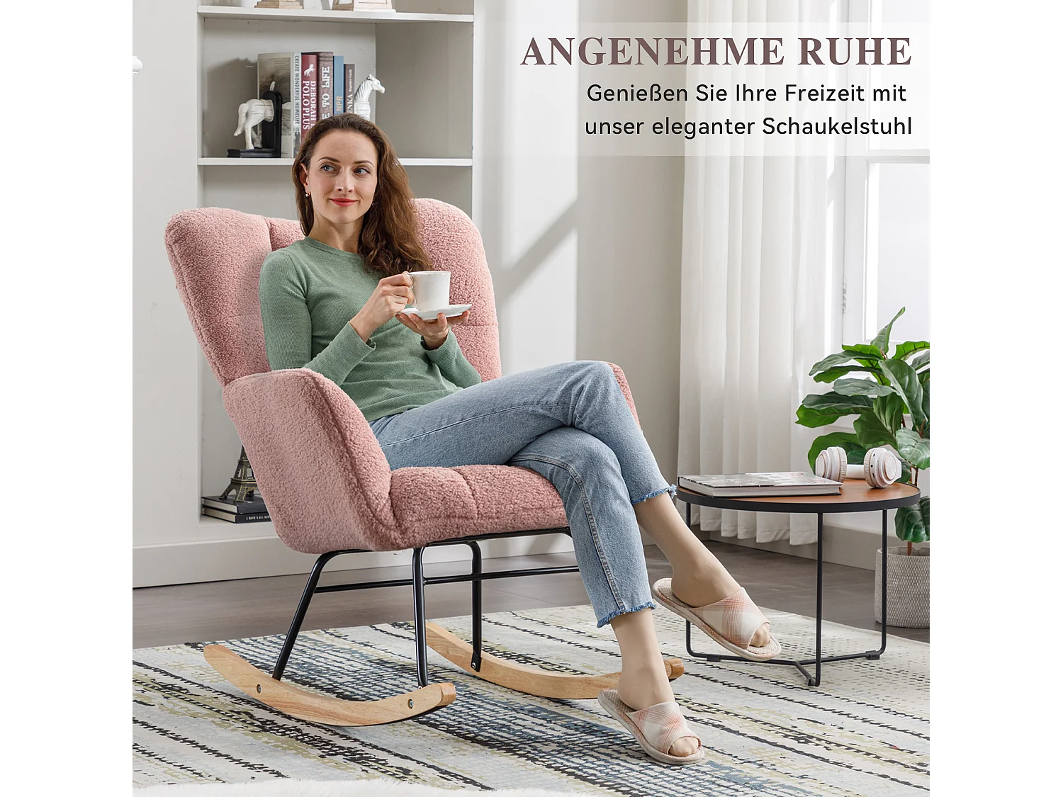 Chaise à bascule moderne Mid-Century, tissu Tissu peluche, capitonné, bois et métal, rose (80x70x95 cm)