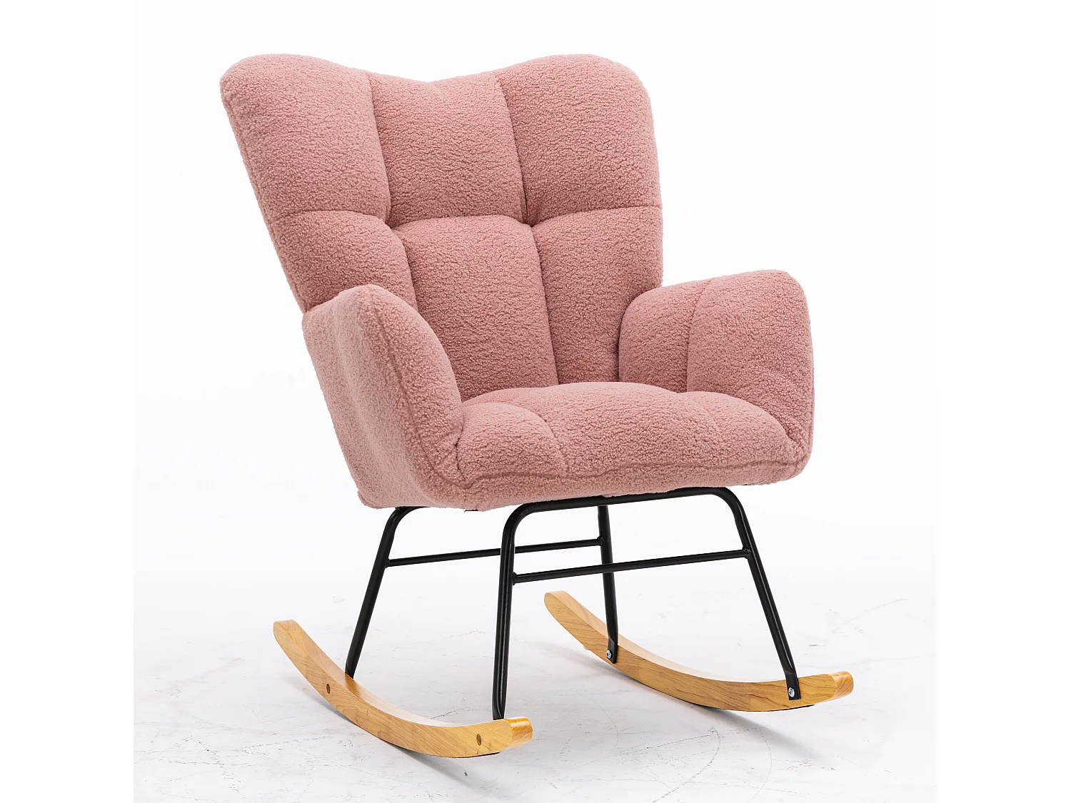 Chaise à bascule moderne Mid-Century, tissu Tissu peluche, capitonné, bois et métal, rose (80x70x95 cm)