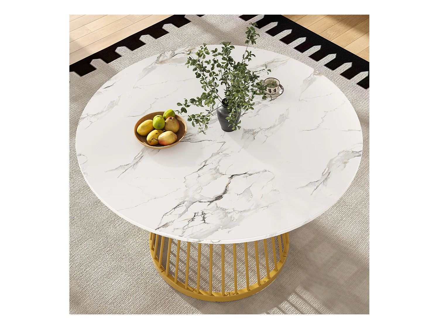 Table Ronde, Plateau MDF Marbré, Pieds Métalliques Noirs et Dorés (80x80x76 cm)