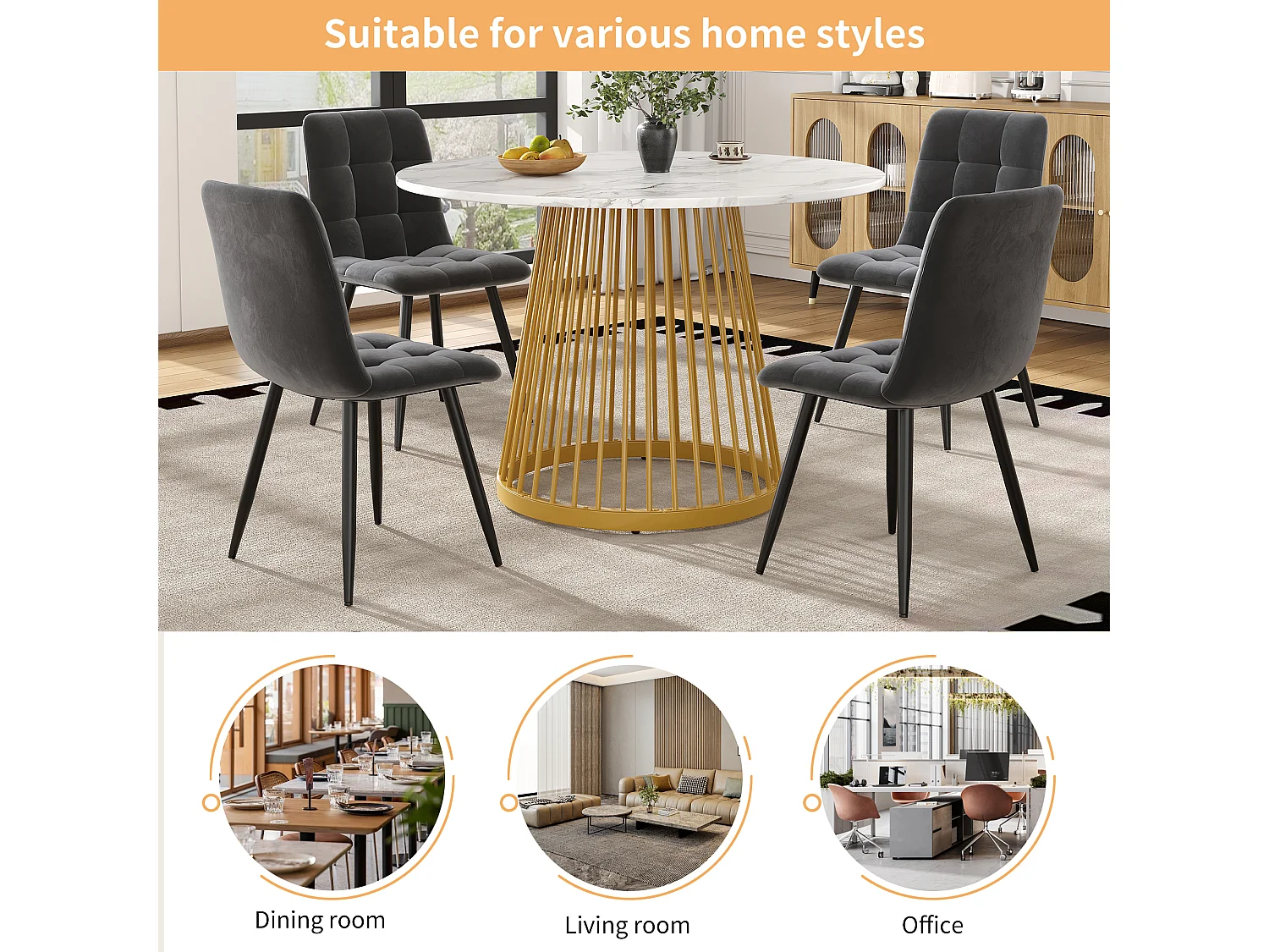 Table Ronde, Plateau MDF Marbré, Pieds Métalliques Noirs et Dorés (80x80x76 cm)