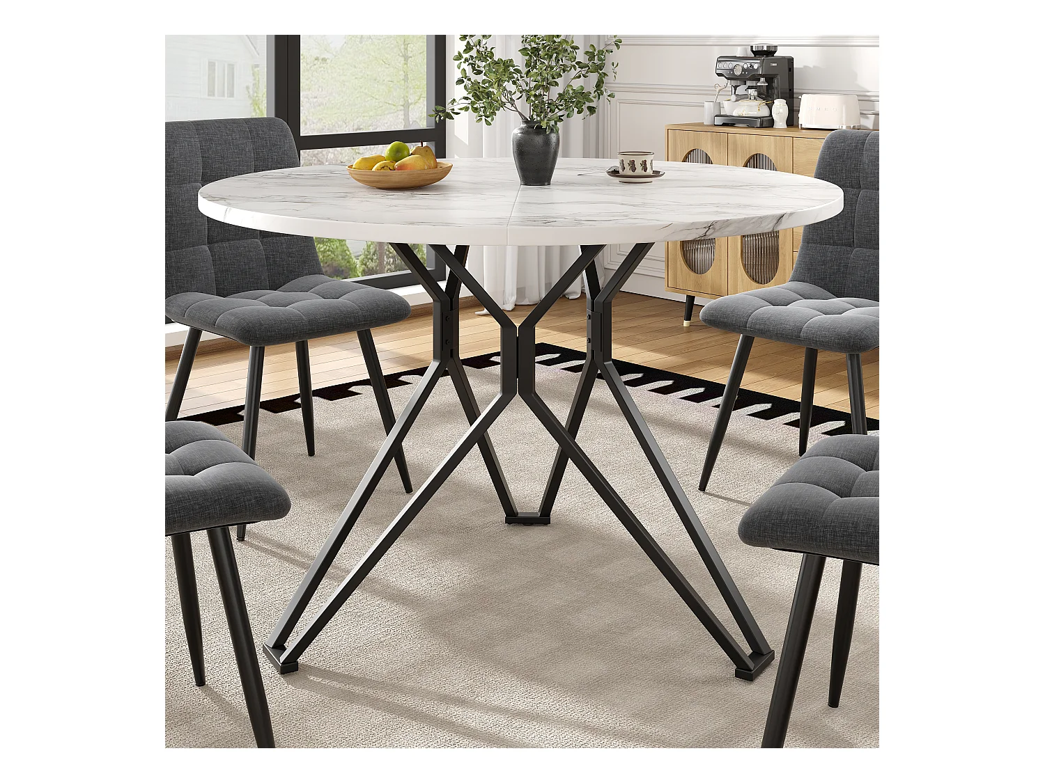 Table ronde design, plateau MDF imitation marbre, pieds métal noir, pour salle à manger et salon (100x100x76cm)