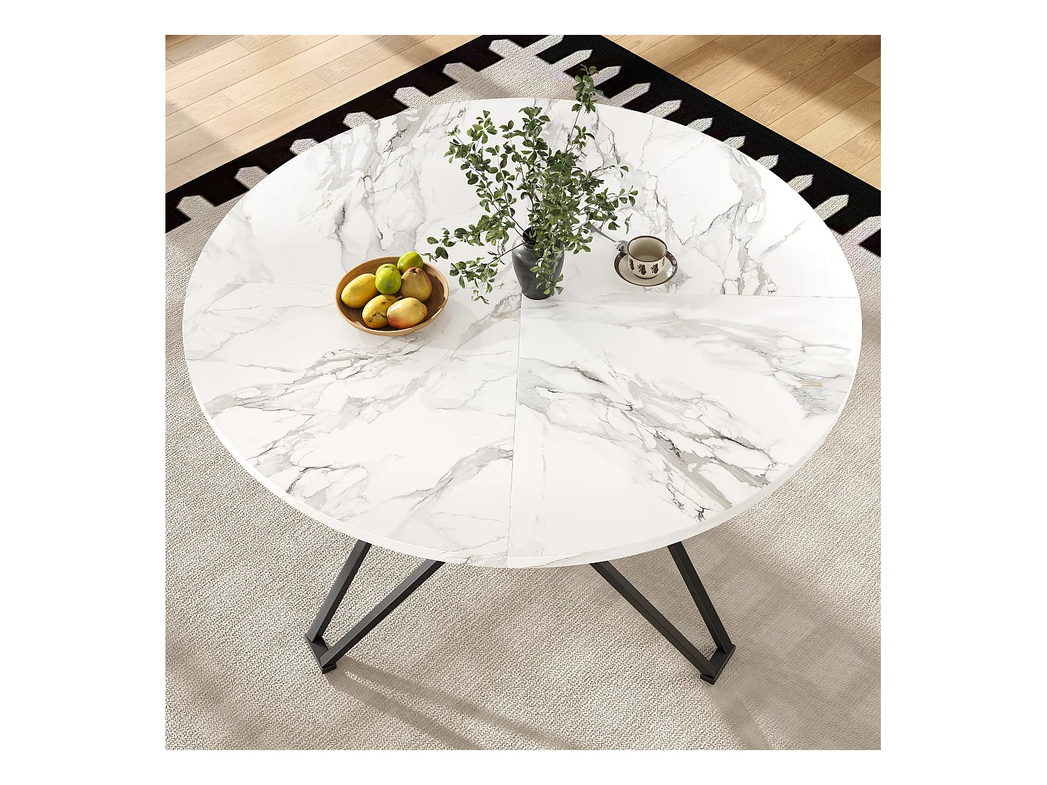 Table ronde design, plateau MDF imitation marbre, pieds métal noir, pour salle à manger et salon (100x100x76cm)