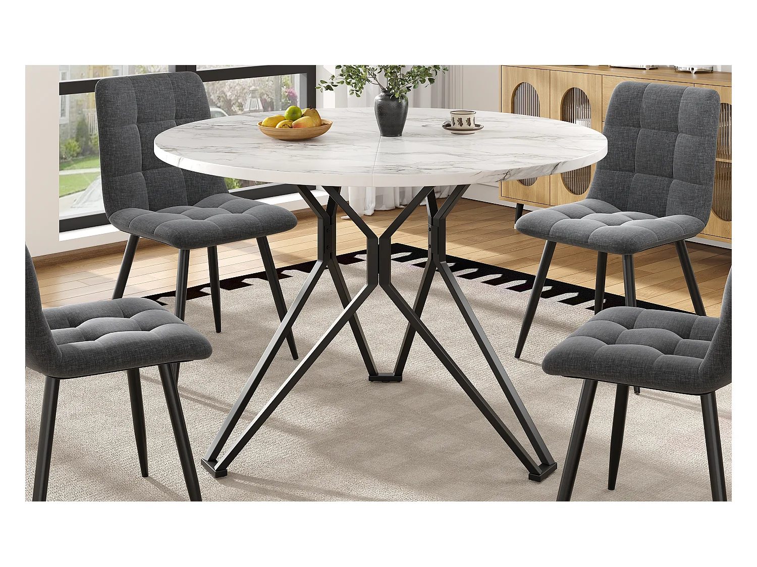 Table ronde design, plateau MDF imitation marbre, pieds métal noir, pour salle à manger et salon (100x100x76cm)