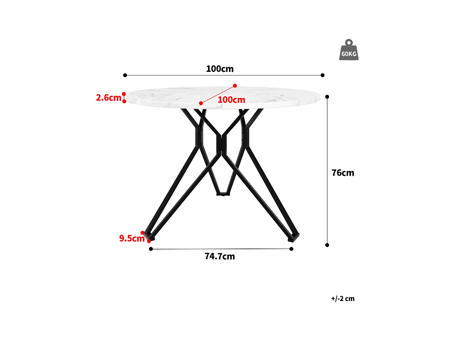Table ronde design, plateau MDF imitation marbre, pieds métal noir, pour salle à manger et salon (100x100x76cm)
