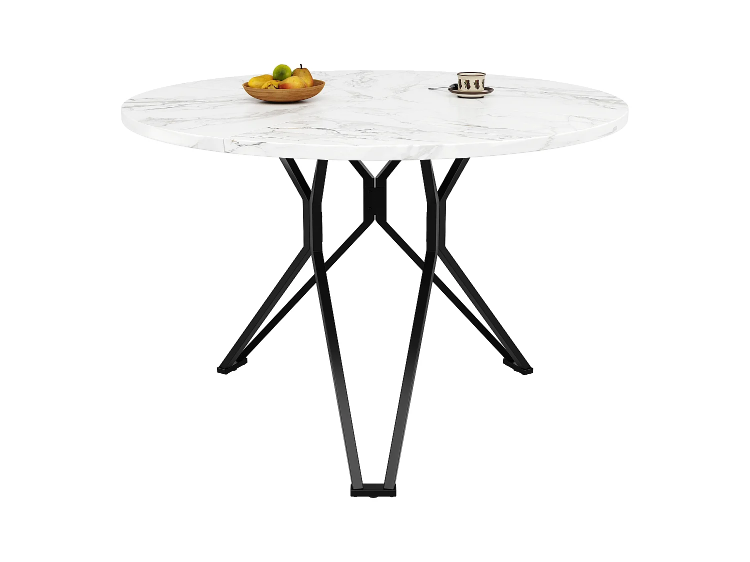 Table ronde design, plateau MDF imitation marbre, pieds métal noir, pour salle à manger et salon (100x100x76cm)