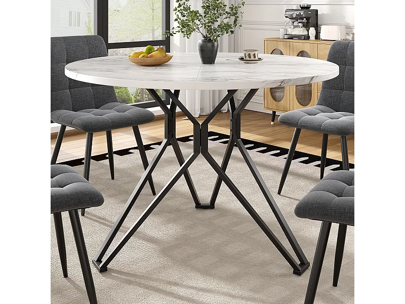 Ronde designtafel, blad van MDF met marmerlook, poten van zwart metaal, voor eetkamer en woonkamer (100x100x76cm)