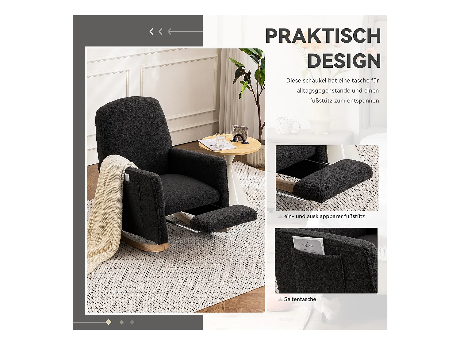 Schommelstoel met poef, Relaxfauteuil, hoge rugleuning, in donkergrijze pluche stof (67x126x98 cm)