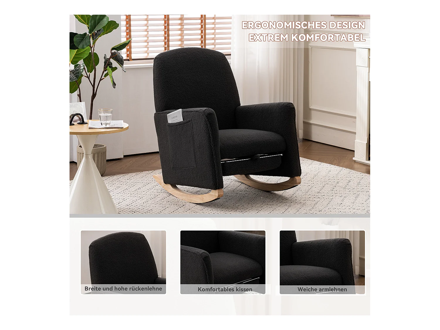 Schommelstoel met poef, Relaxfauteuil, hoge rugleuning, in donkergrijze pluche stof (67x126x98 cm)