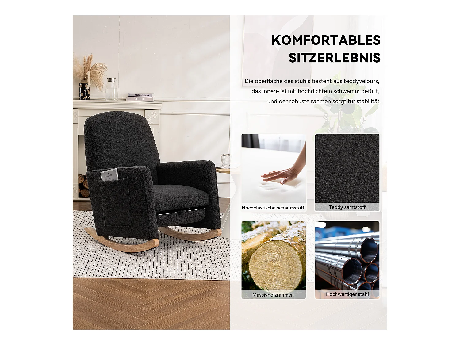 Schommelstoel met poef, Relaxfauteuil, hoge rugleuning, in donkergrijze pluche stof (67x126x98 cm)