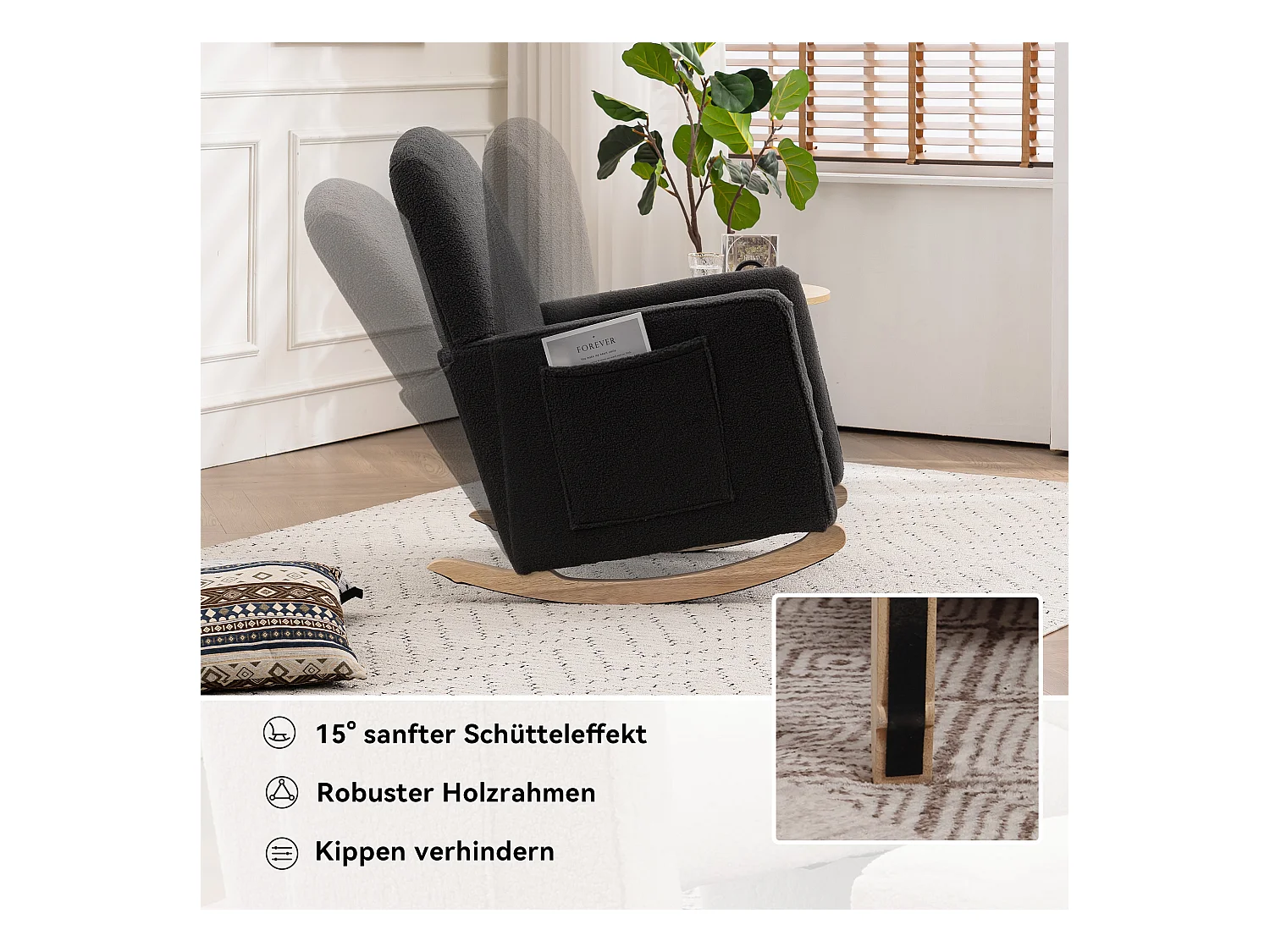 Schommelstoel met poef, Relaxfauteuil, hoge rugleuning, in donkergrijze pluche stof (67x126x98 cm)