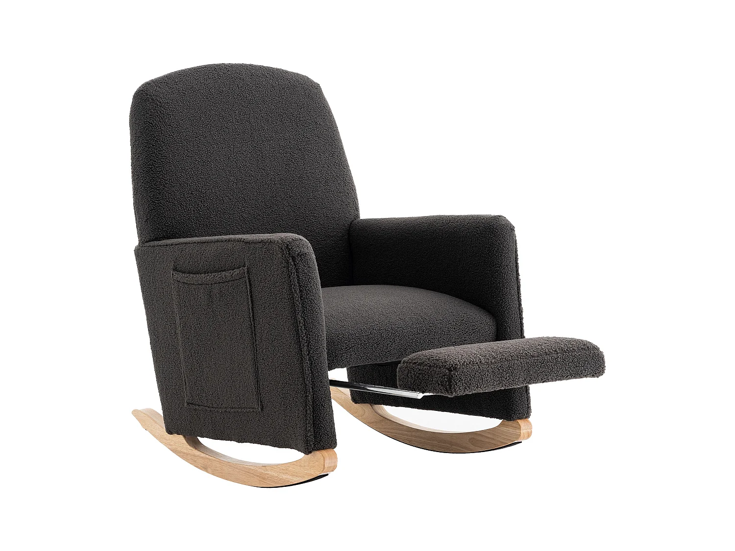 Schommelstoel met poef, Relaxfauteuil, hoge rugleuning, in donkergrijze pluche stof (67x126x98 cm)