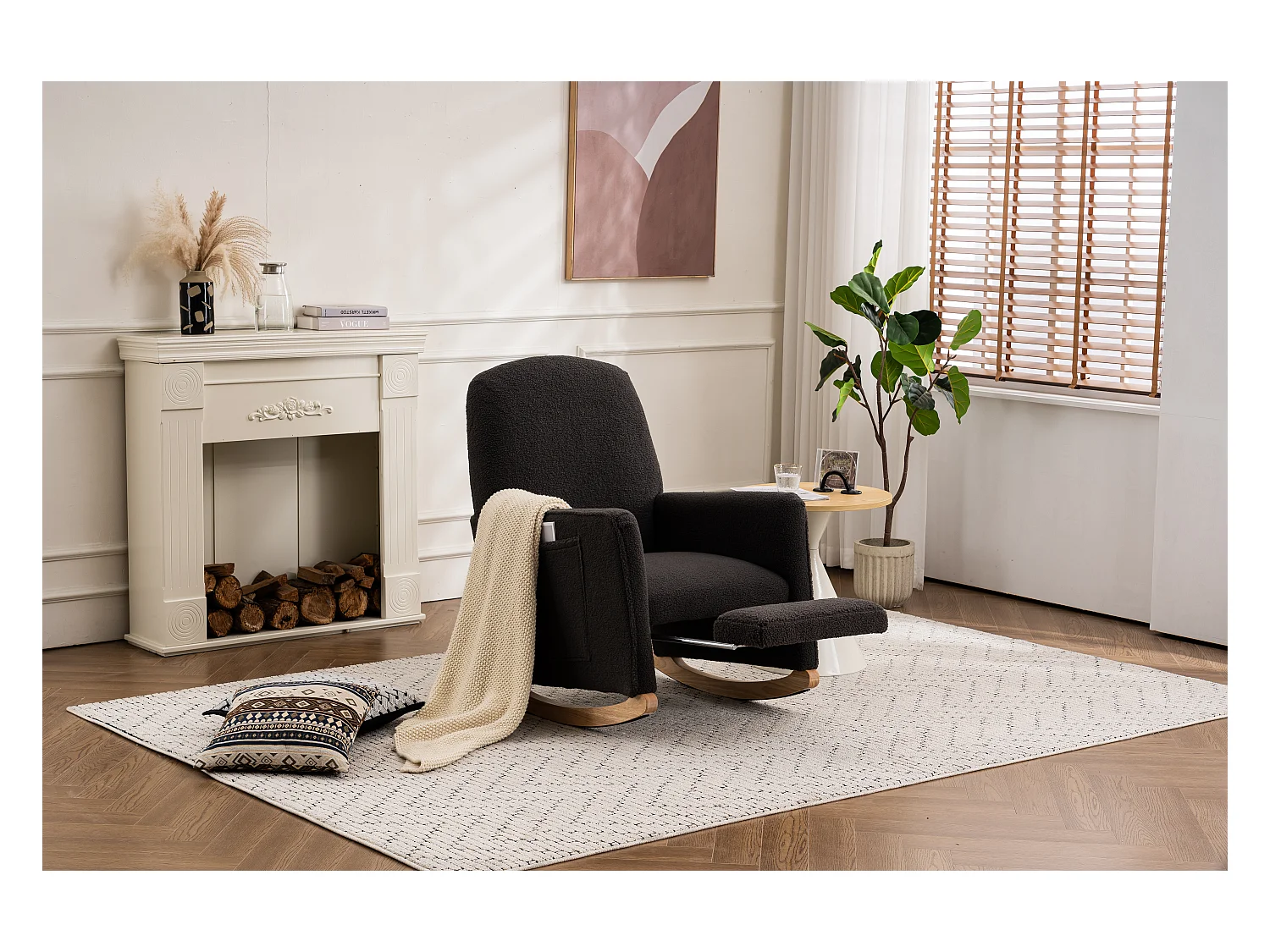 Fauteuil à bascule avec Poufe, Relax fauteuil, haut dossier, en Tissu peluche gris foncé (67x126x98 cm)