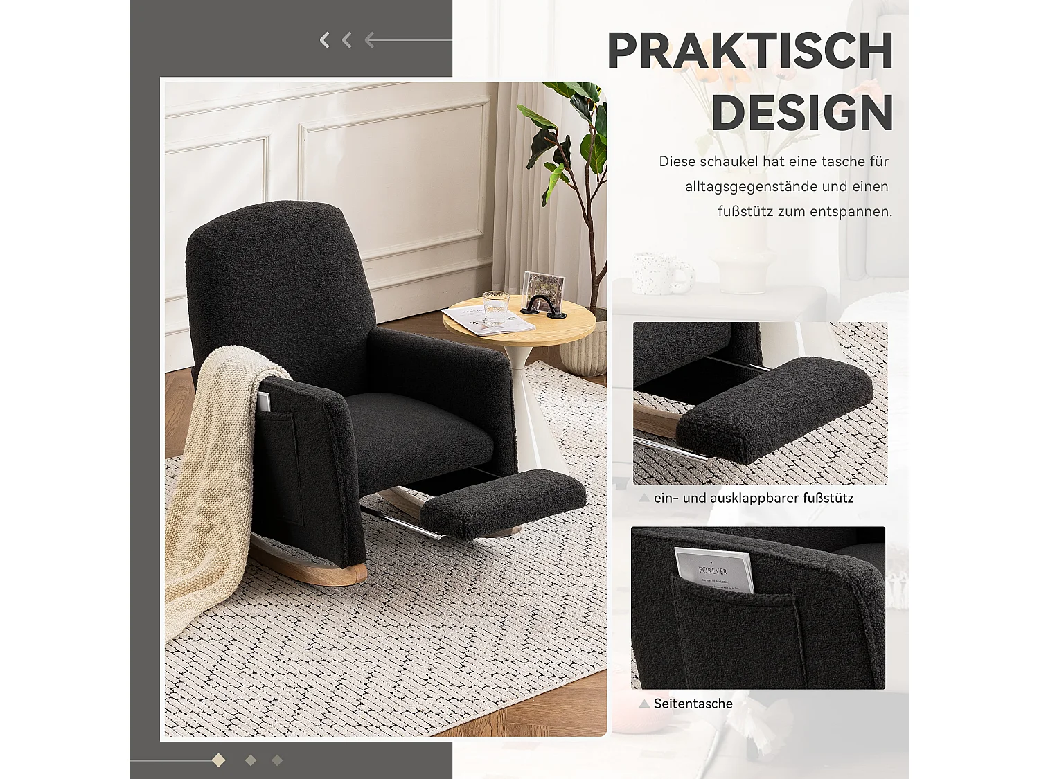 Schommelstoel met poef, Relaxfauteuil, hoge rugleuning, in donkergrijze pluche stof (67x126x98 cm)