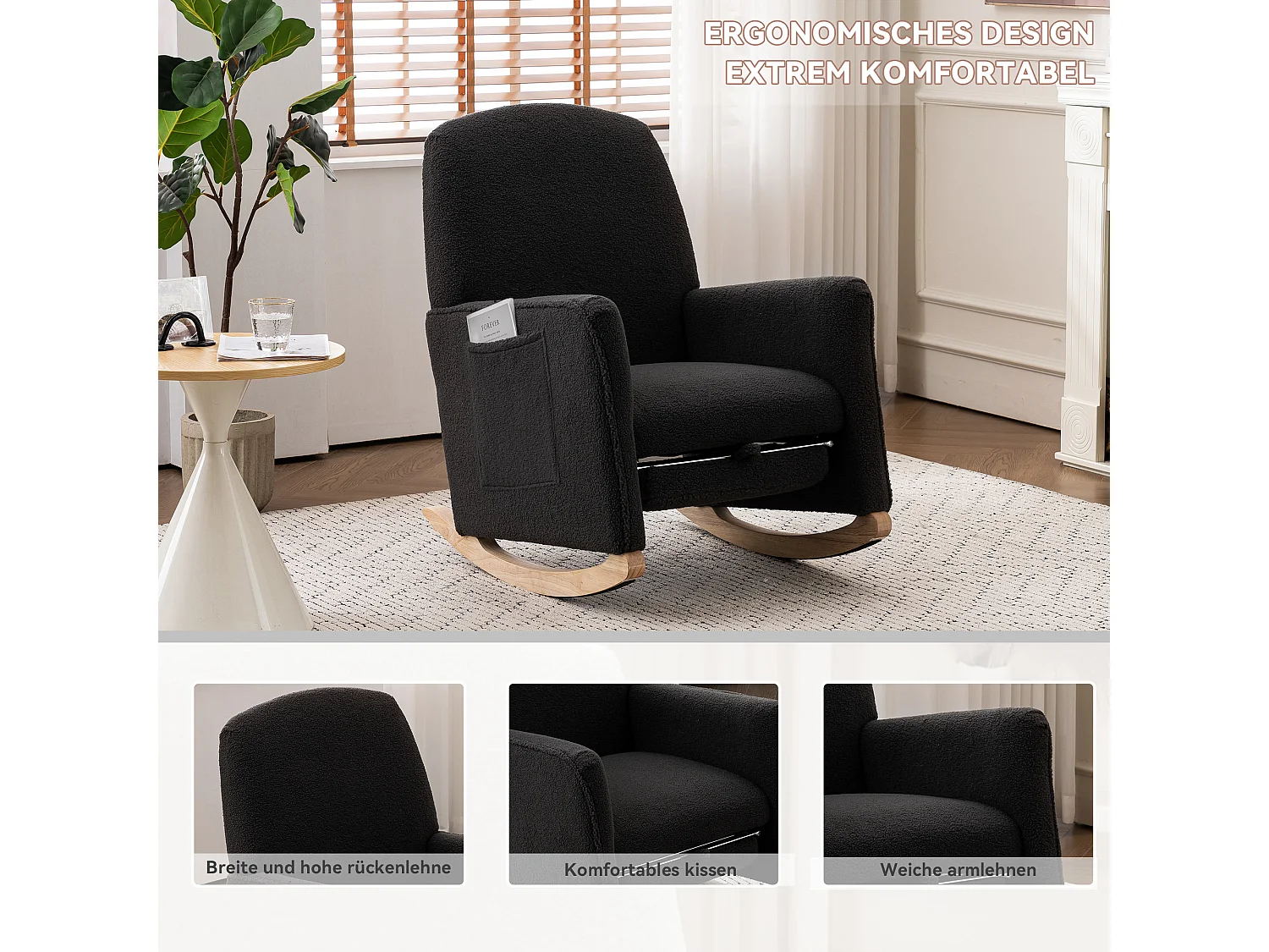 Schommelstoel met poef, Relaxfauteuil, hoge rugleuning, in donkergrijze pluche stof (67x126x98 cm)