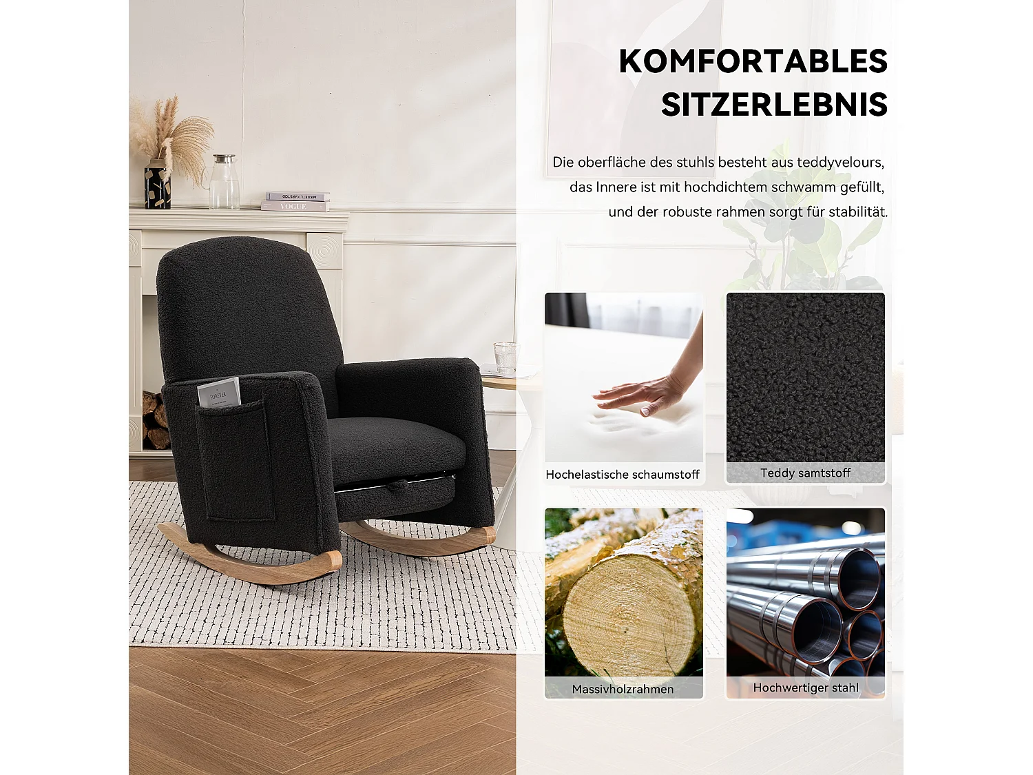 Schommelstoel met poef, Relaxfauteuil, hoge rugleuning, in donkergrijze pluche stof (67x126x98 cm)