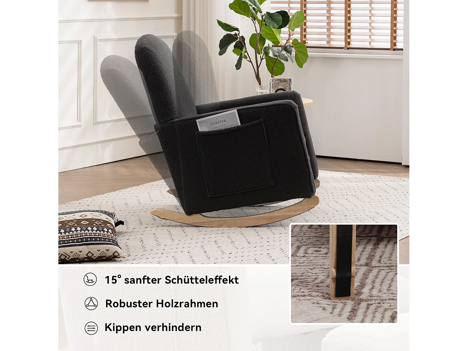 Schommelstoel met poef, Relaxfauteuil, hoge rugleuning, in donkergrijze pluche stof (67x126x98 cm)